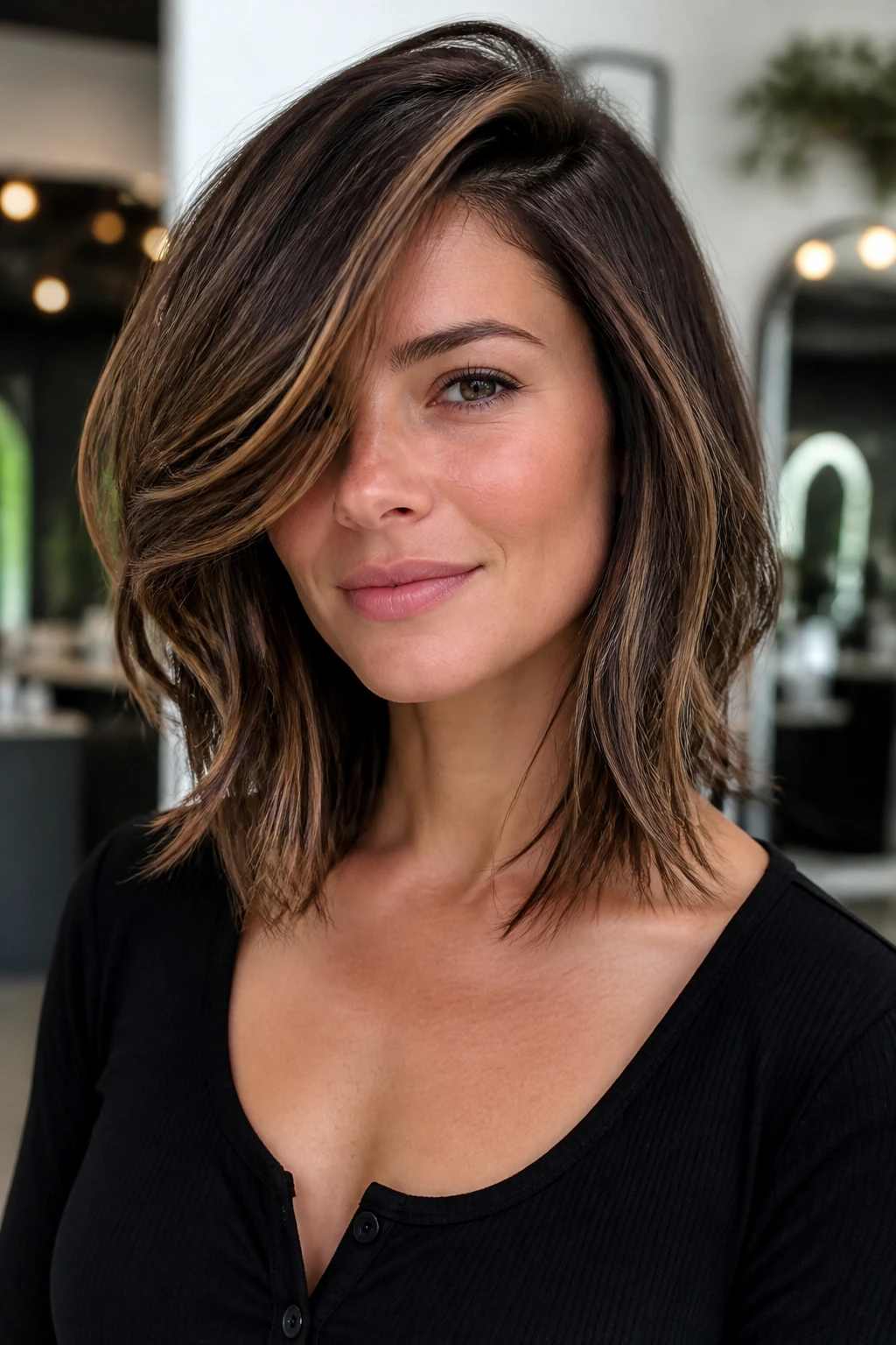 Close-up portrait of a real woman with a deep side-part and chin-length layers