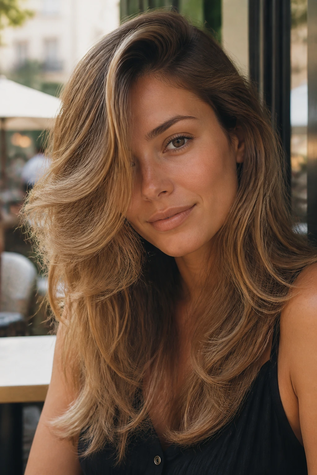 Portrait of a real woman with a deep side-part and long layered hair framing her face