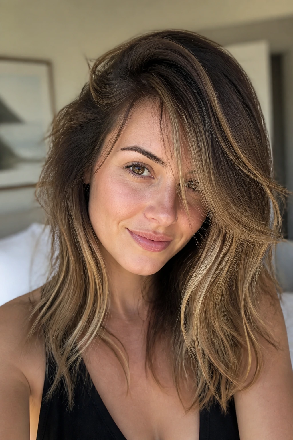 Close-up portrait of a woman with deep side-part layers and wispy fringe under warm window light