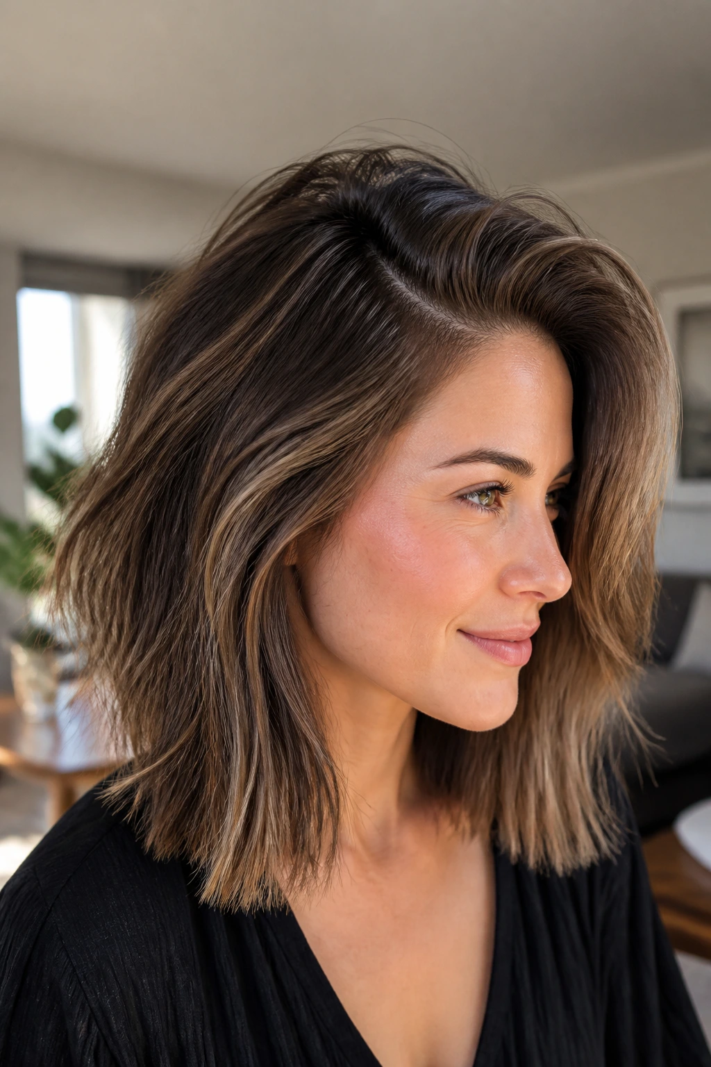 Close-up portrait of a real woman with a deep side part and lifted crown