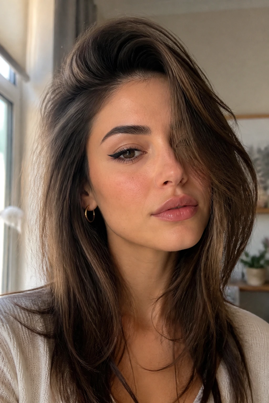 Real woman with deep side-part and swoop fringe across the forehead