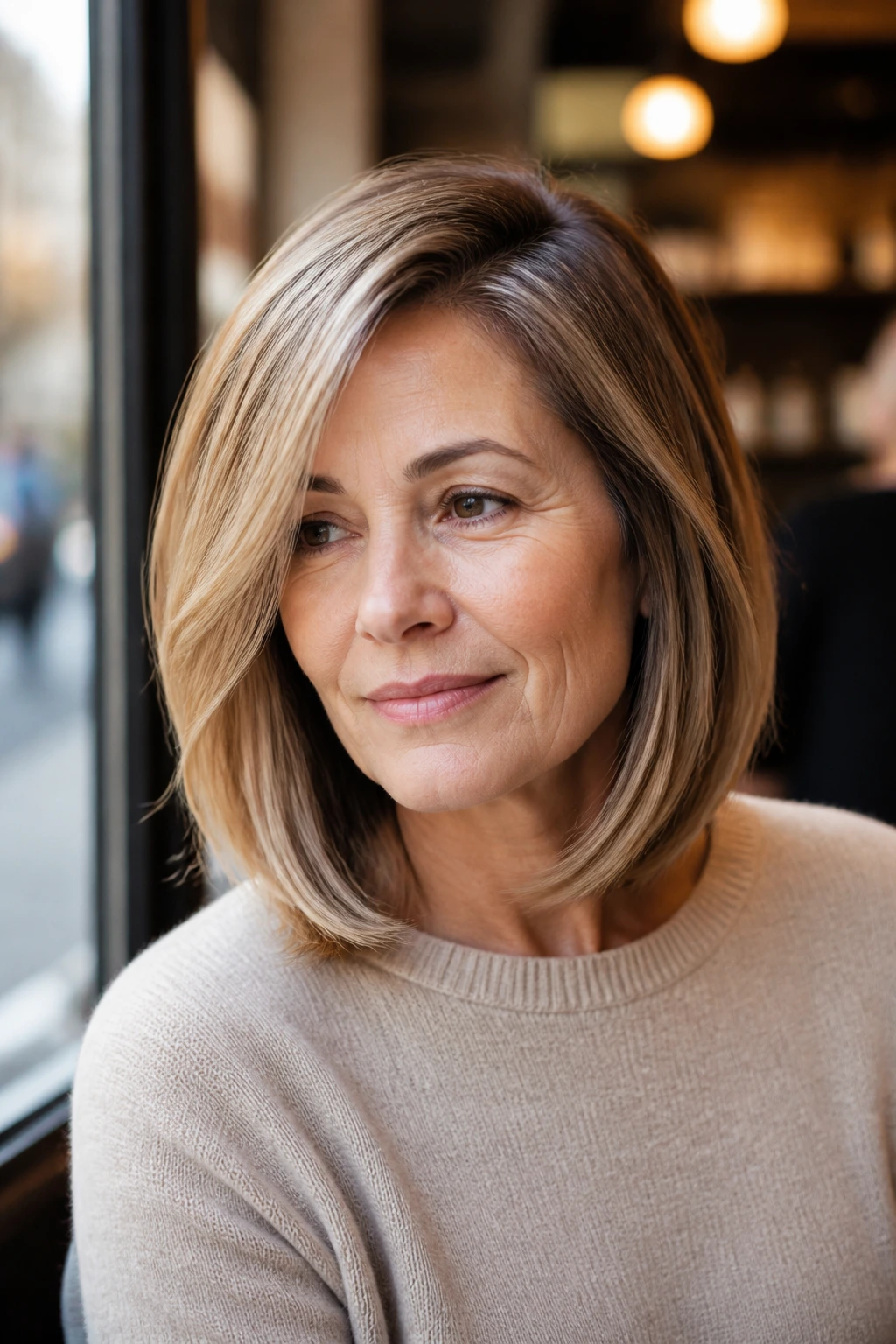 Portrait of a woman with a deep side-part lob by a cafe window