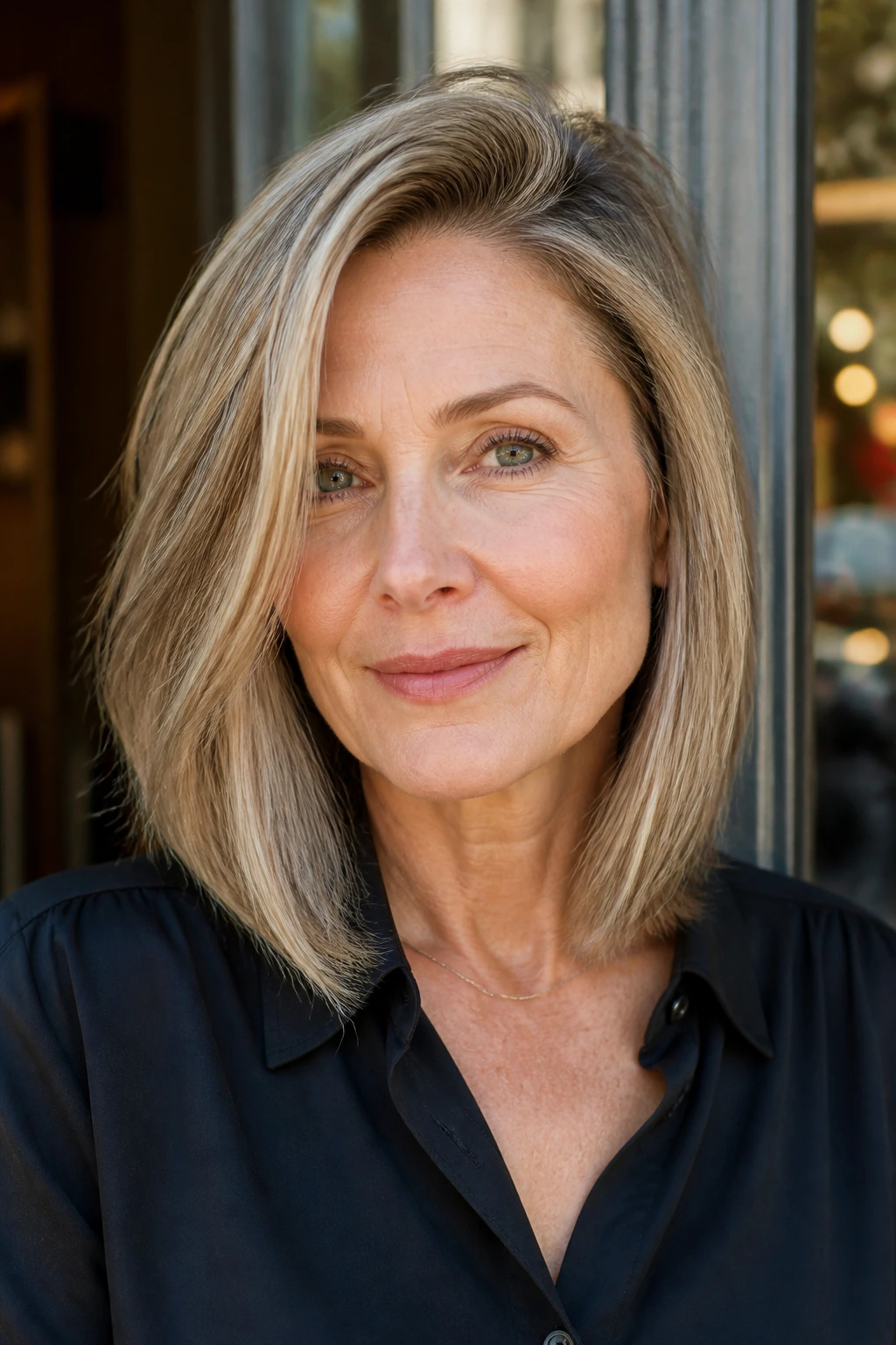 Portrait of a real woman with a deep side part lob in sunlight near a doorway