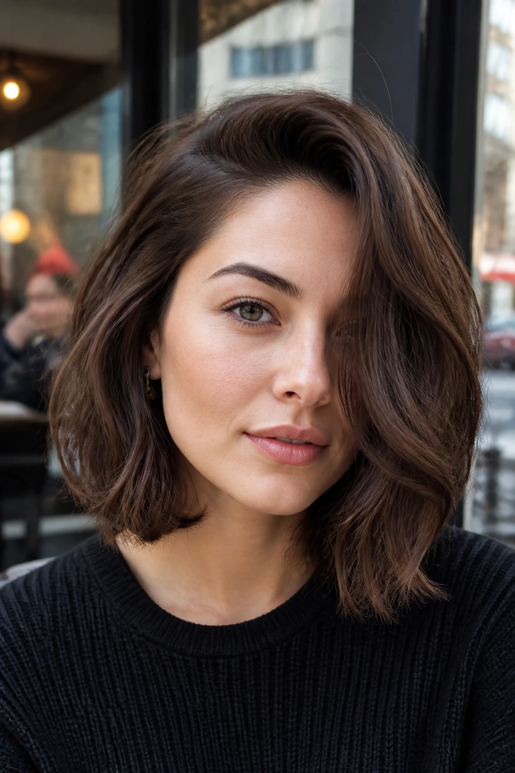 Close-up of a woman with a deep side-part lob in an urban setting