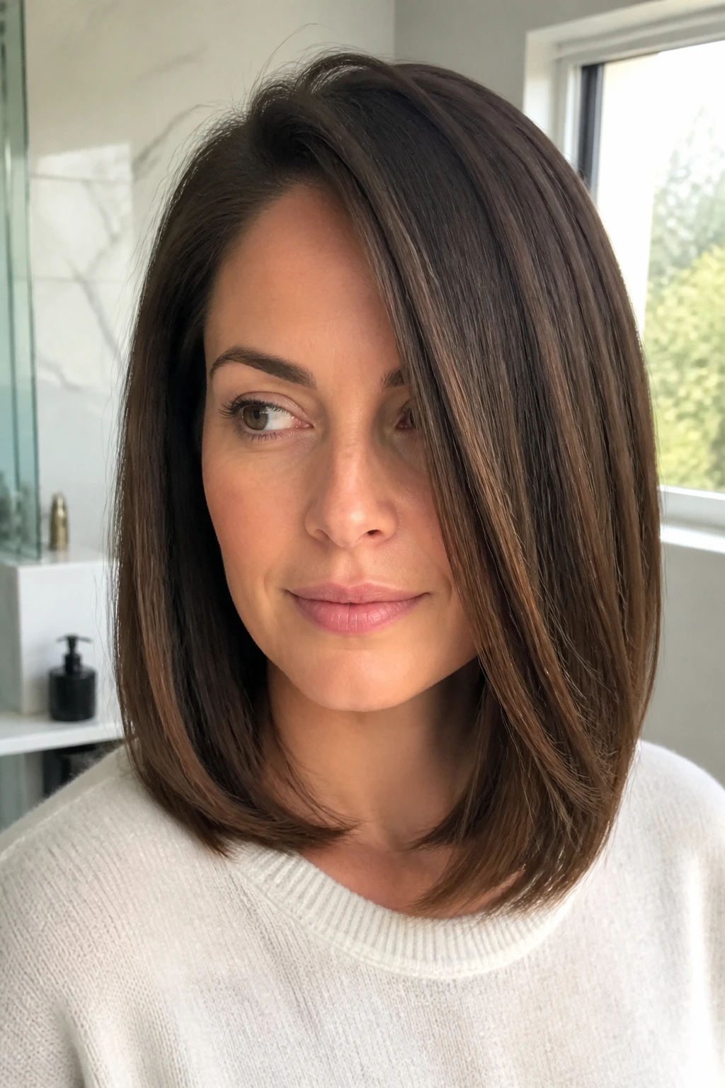Close-up of a real woman with a deep side-part lob and weighted ends