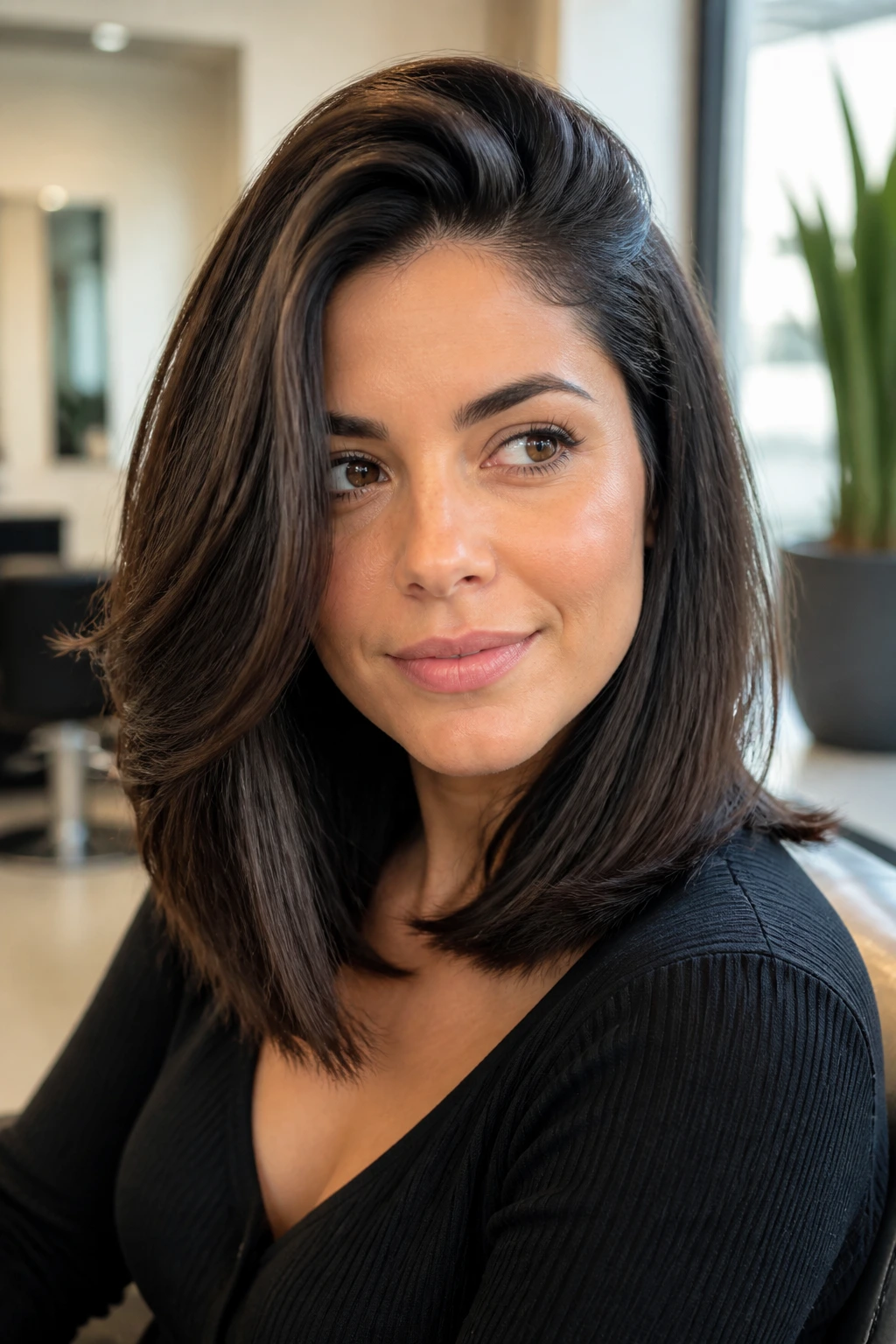 Portrait of a woman with a deep side-part thick lob in a salon.