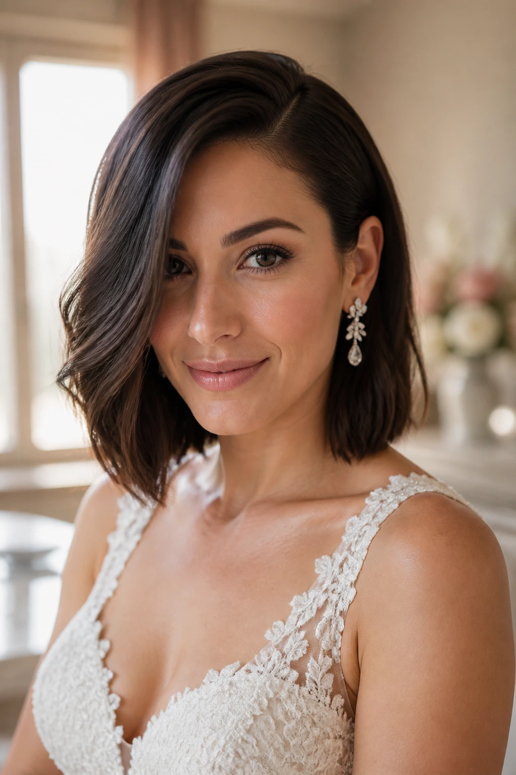 Close-up portrait of a bride with a deep side-part lob under window light