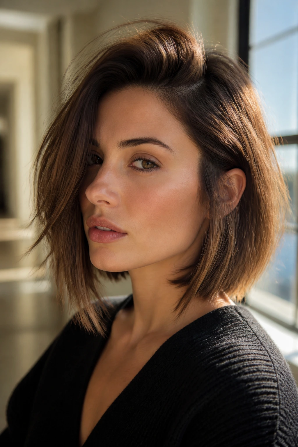 Close-up of a real woman with a Deep Side-Part Lob and dramatic front sweep