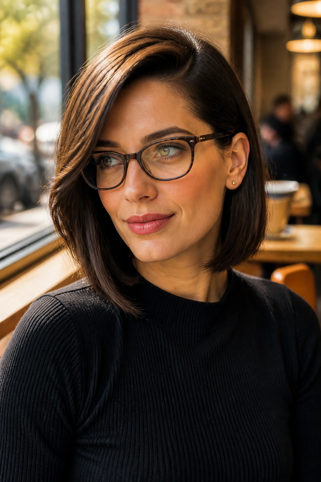 Portrait of a real woman with a deep side-part lob, hair tucked behind one ear, cafe window light.