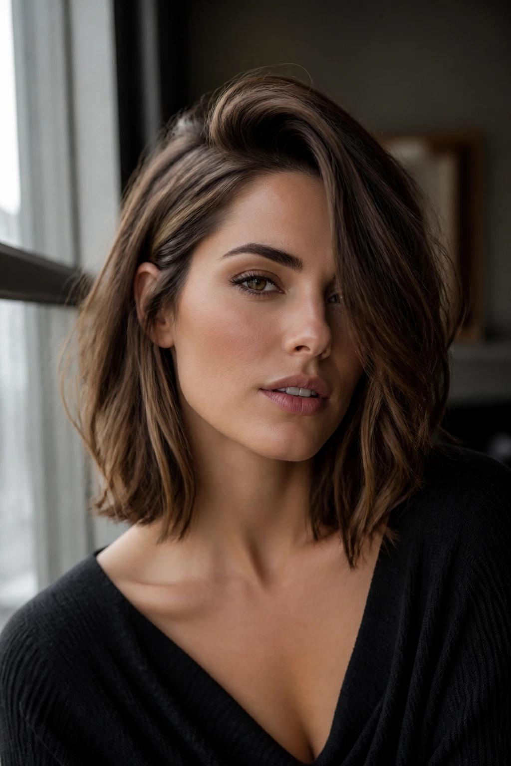 Real woman with deep side-part lob under moody window light
