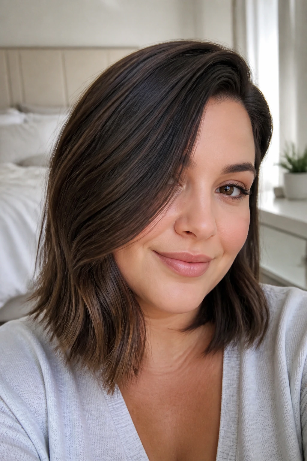 Close-up of a real woman with a deep side-part lob under natural bedroom light