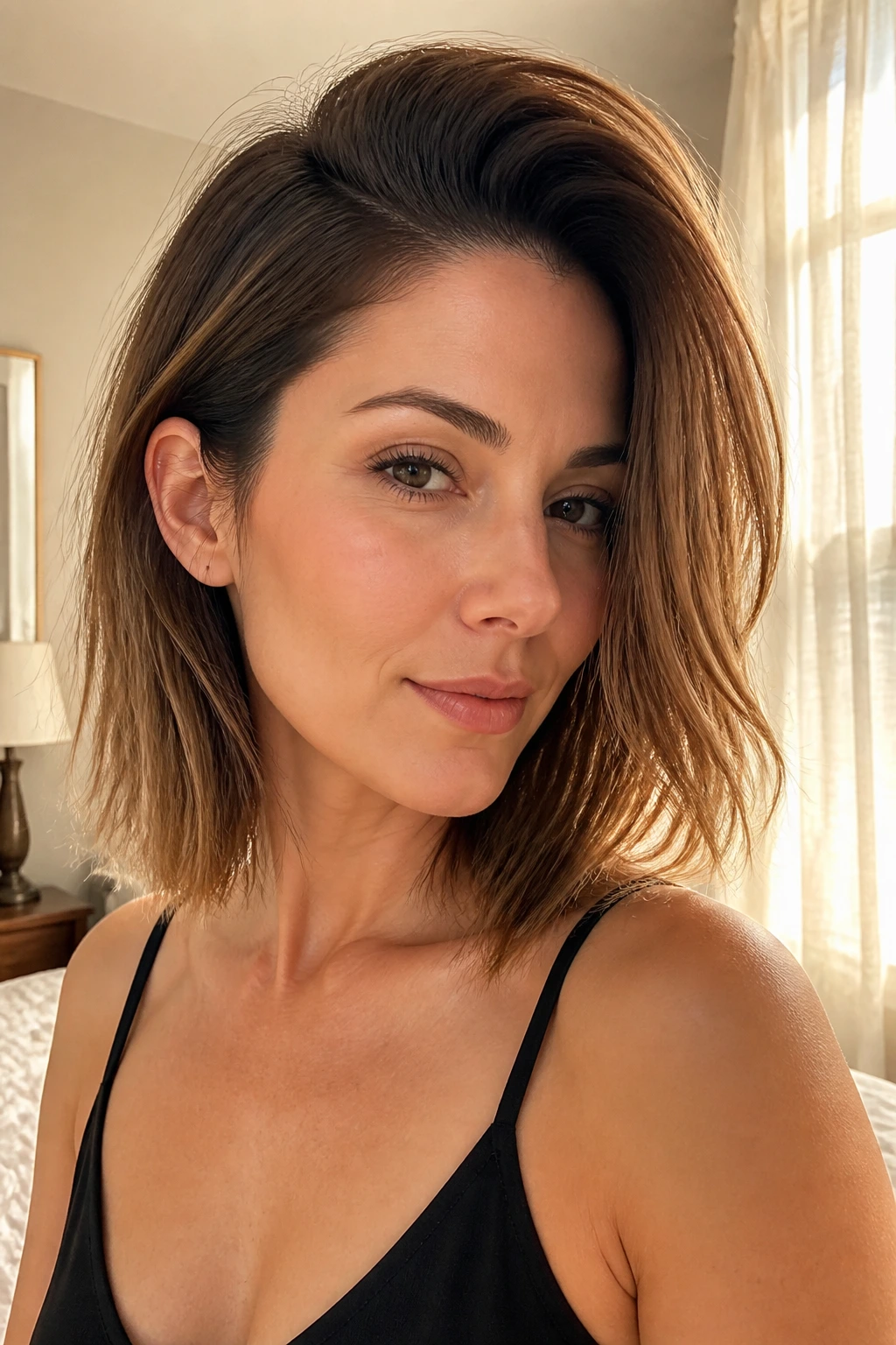 Close-up portrait of a real woman with a deep side-part lob and lifted crown