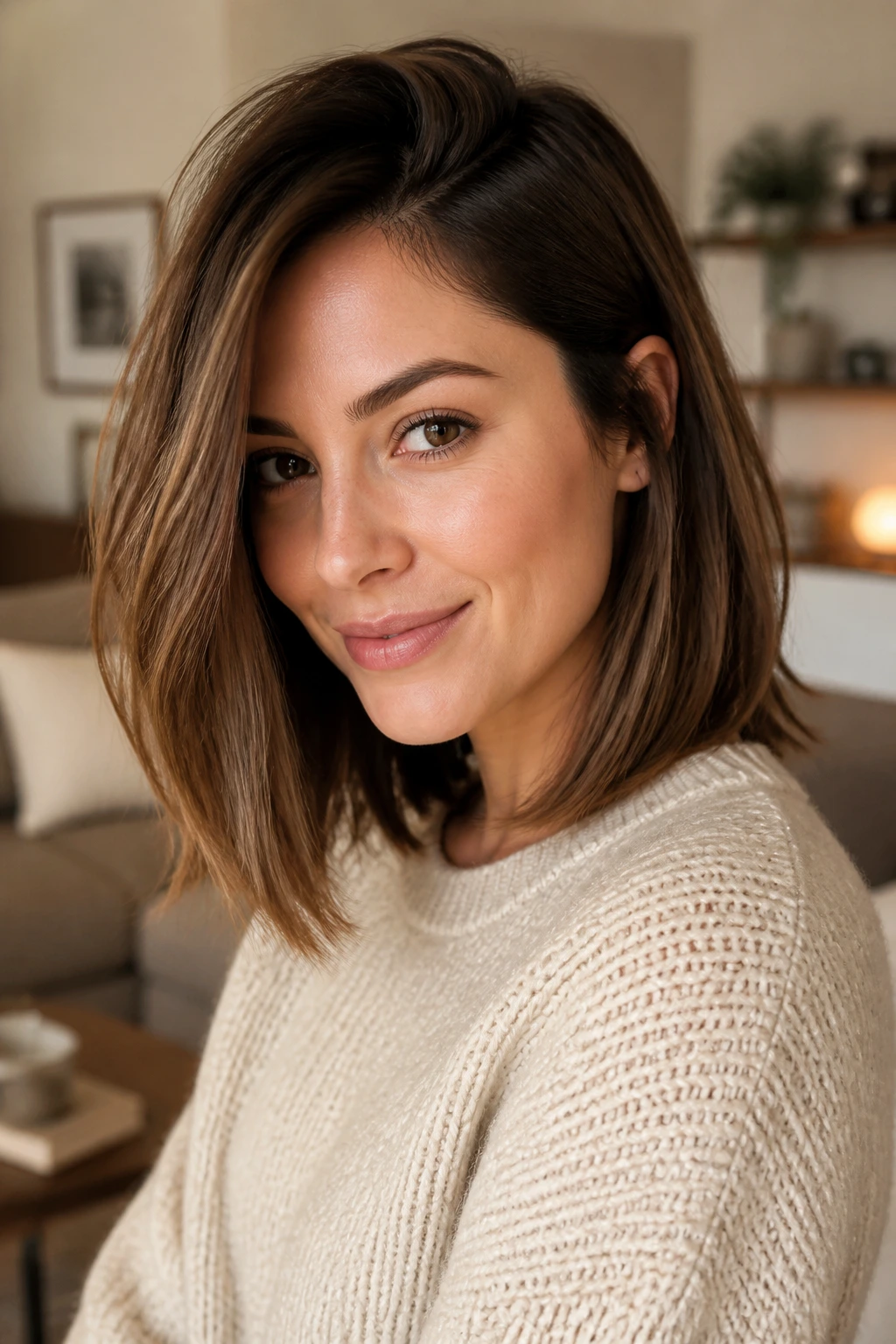 Deep side-part lob showcased on a real woman in a warm, cozy room