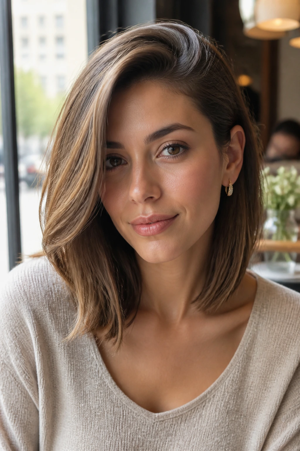 Close-up portrait of a real woman with a deep side part lob tucked behind the ear