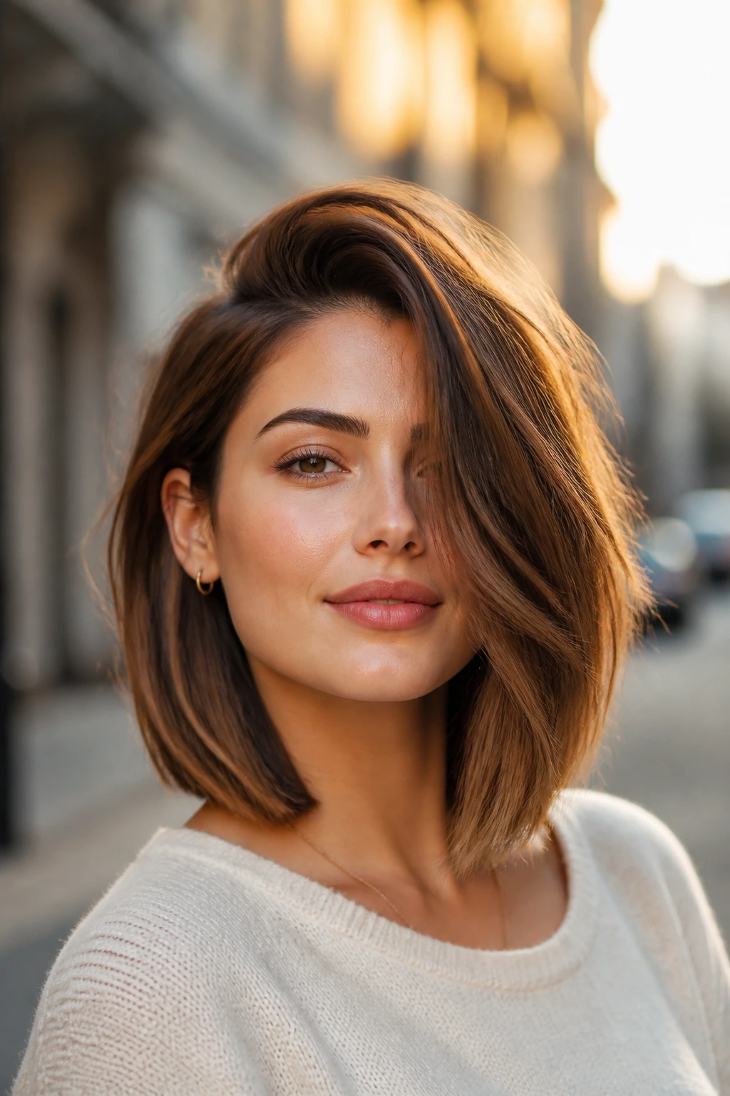 Real person with deep side-part lob on city street at golden hour