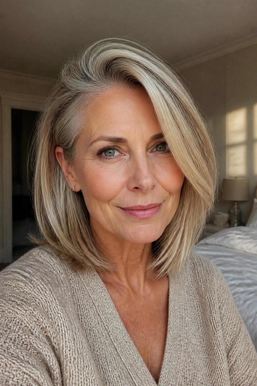 Close-up portrait of a real woman with a deep side-part lob