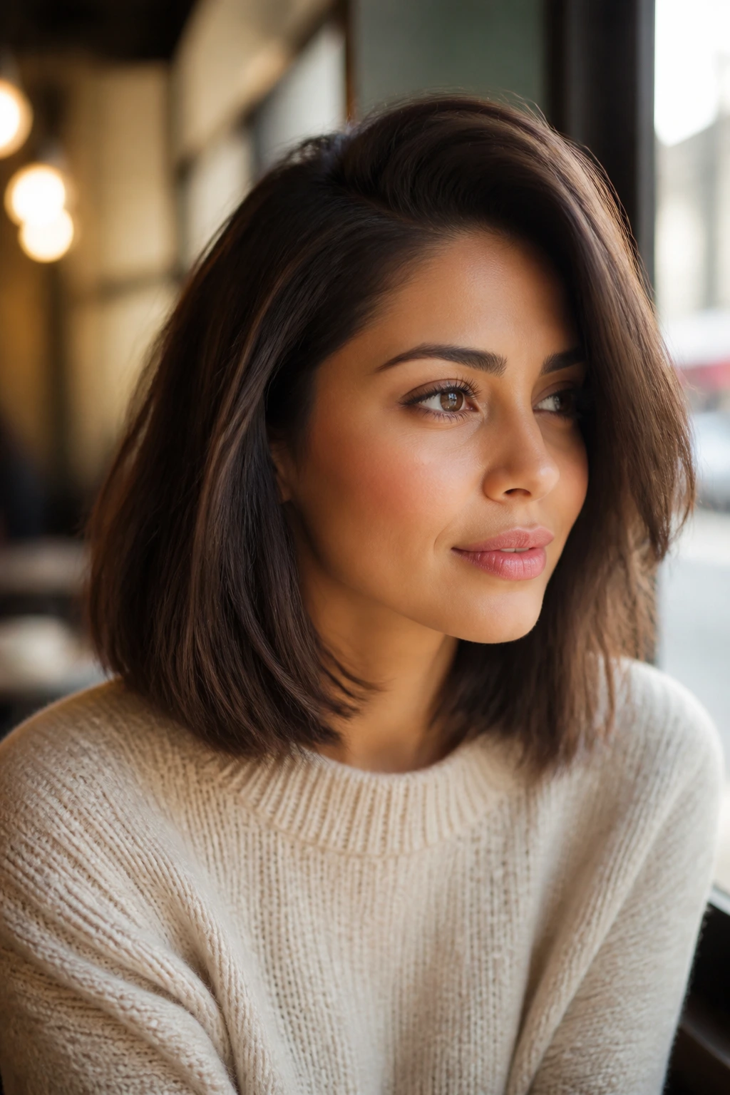 Portrait of a woman with a deep side-part lob showing crown lift