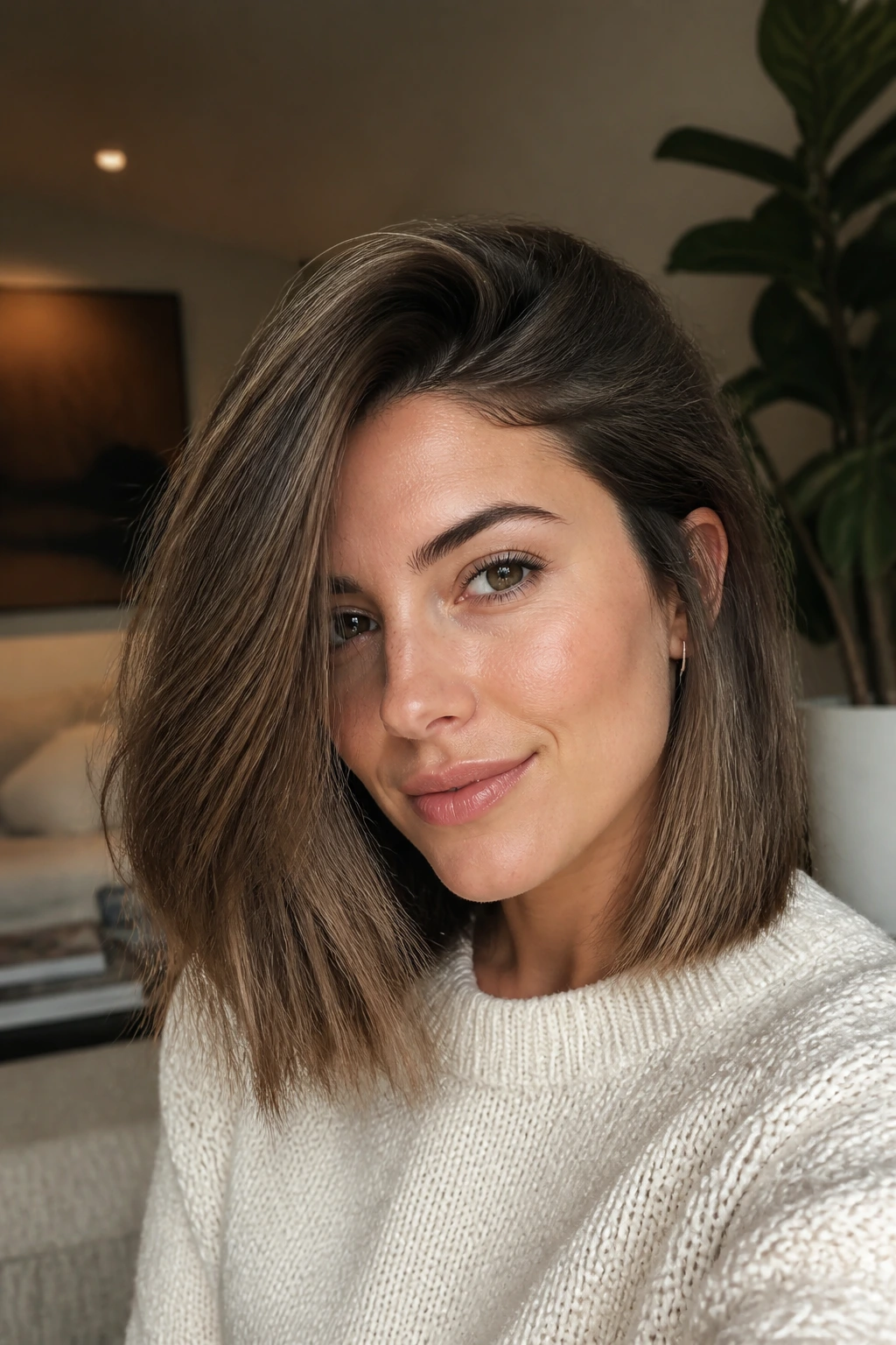 Close-up portrait of a real woman with a deep side-part lob