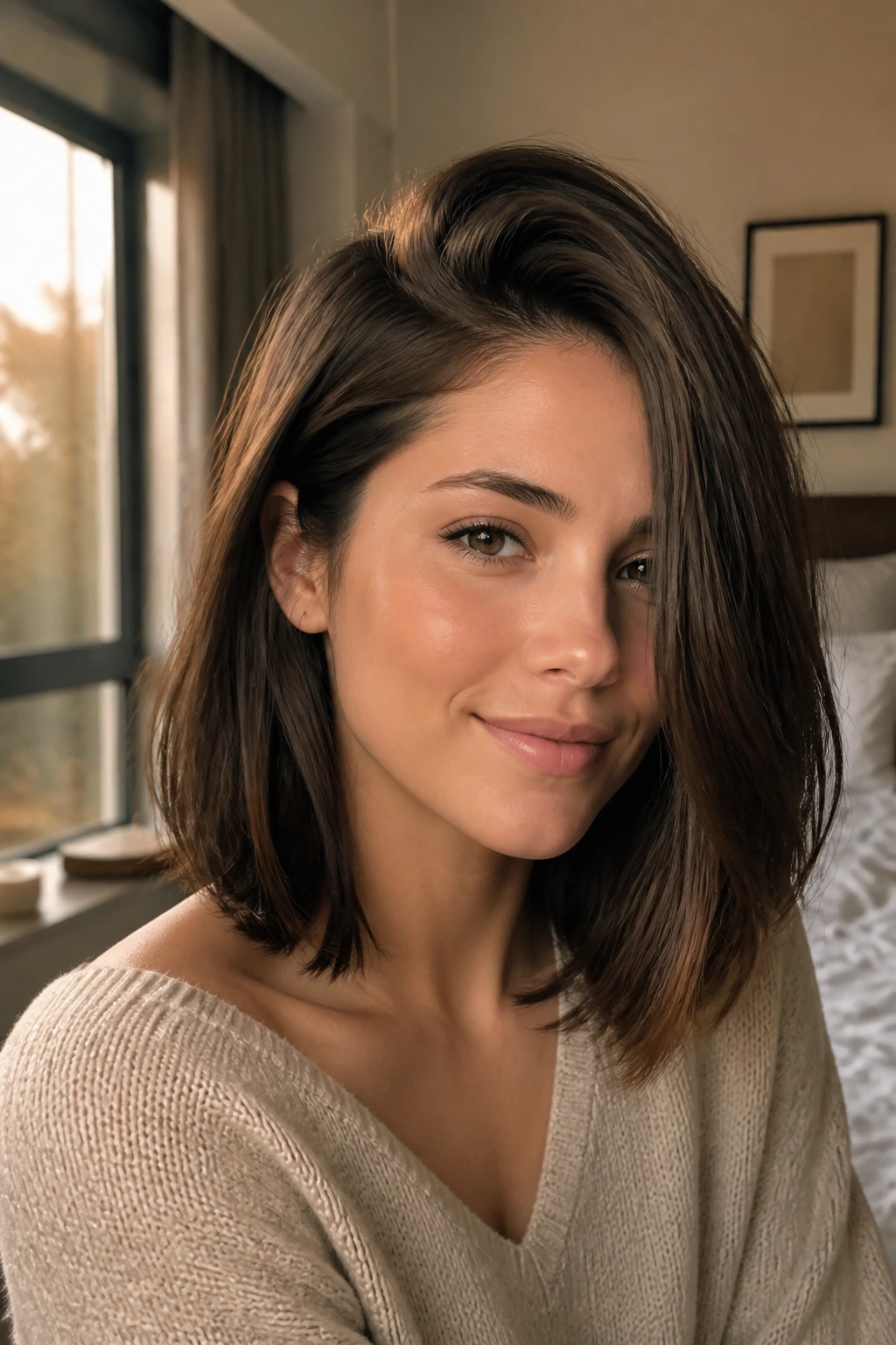 Close-up of a real woman with a deep side-part lob and root lift in warm window light.