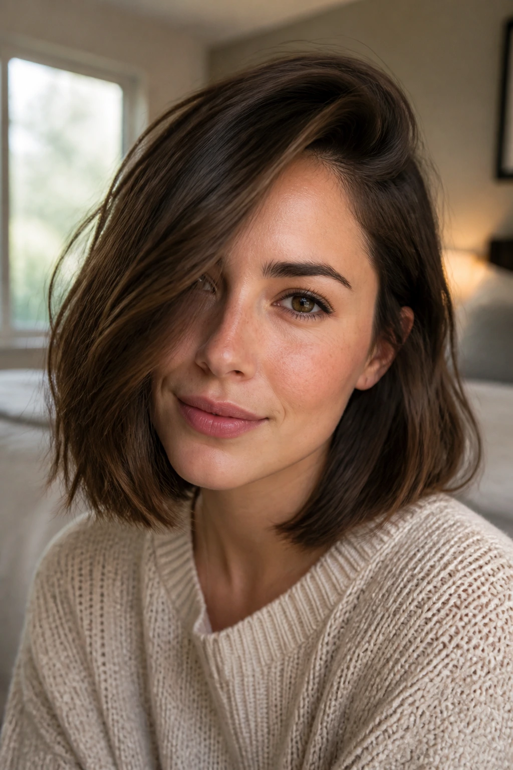Close-up of a real person with a deep side-part lob framing the face.