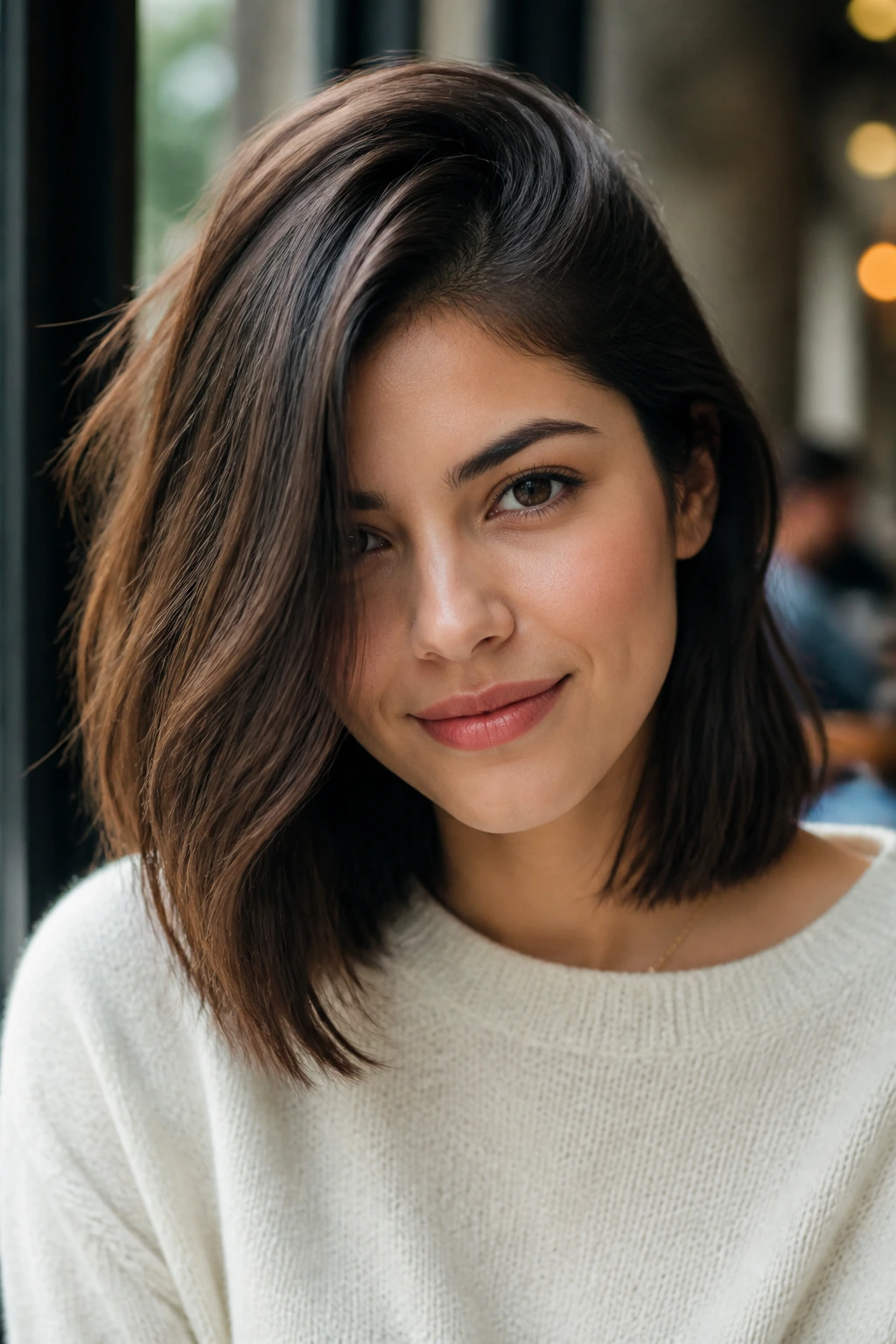Portrait of a real woman with a deep side-part lob and lifted crown