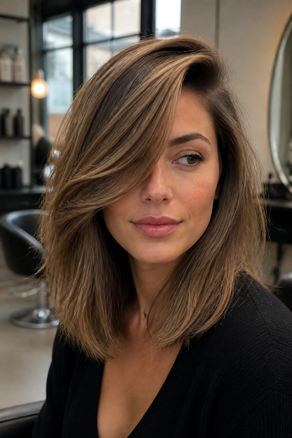 Close-up of a real woman with a deep side-part lob and sweeping bangs in a chic salon