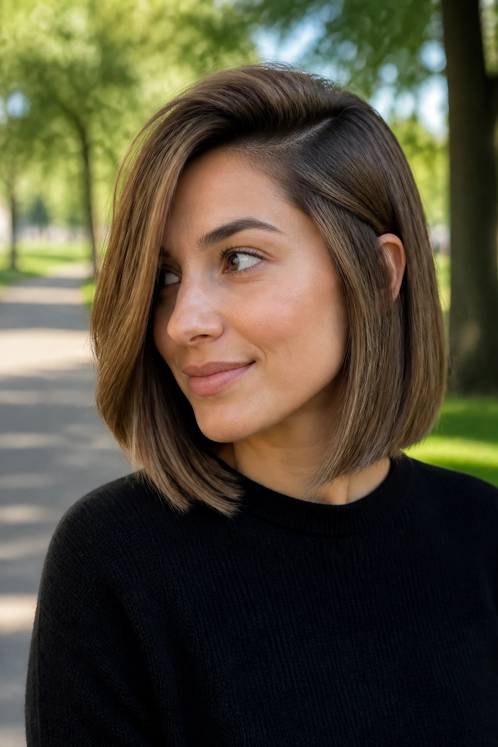 Real woman with deep side-part lob outdoors in daylight