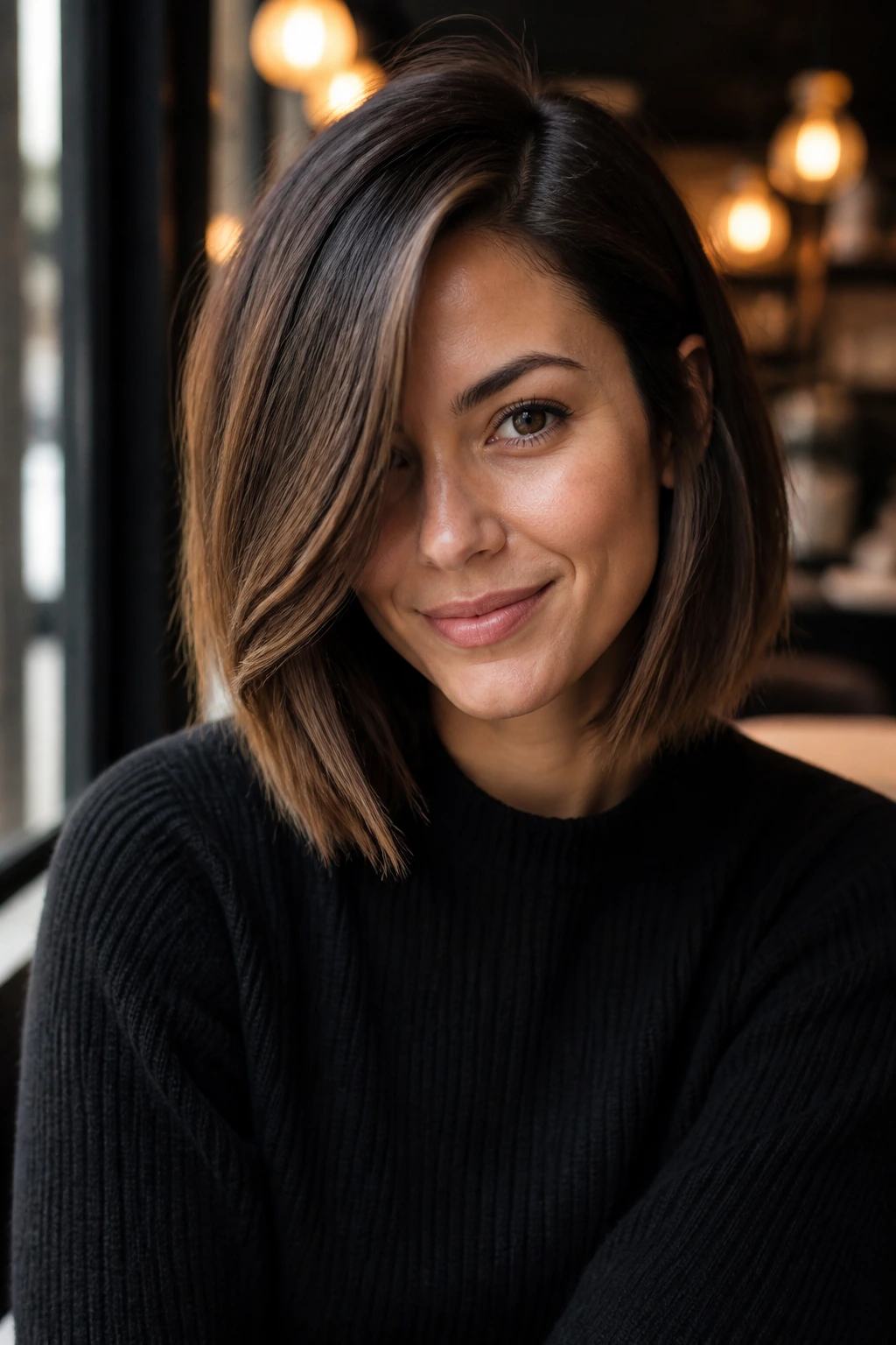 Close-up of a real woman's face with a deep side-part lob framing the cheek.