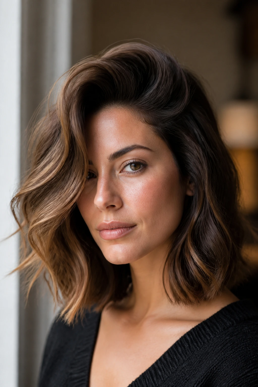 Close-up portrait of a real woman with a deep side-part wavy lob