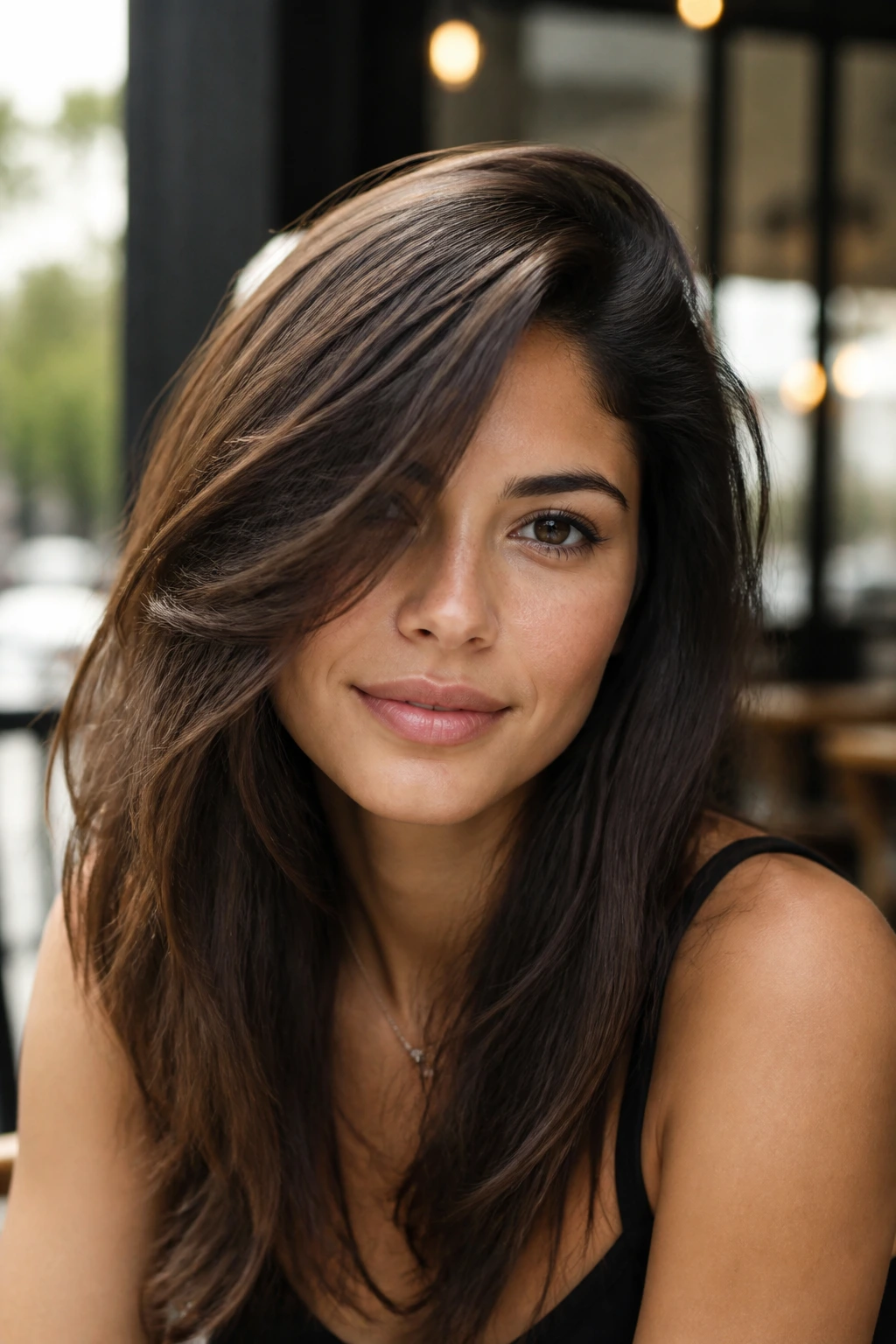 Portrait of a woman with a deep side part and long layers.