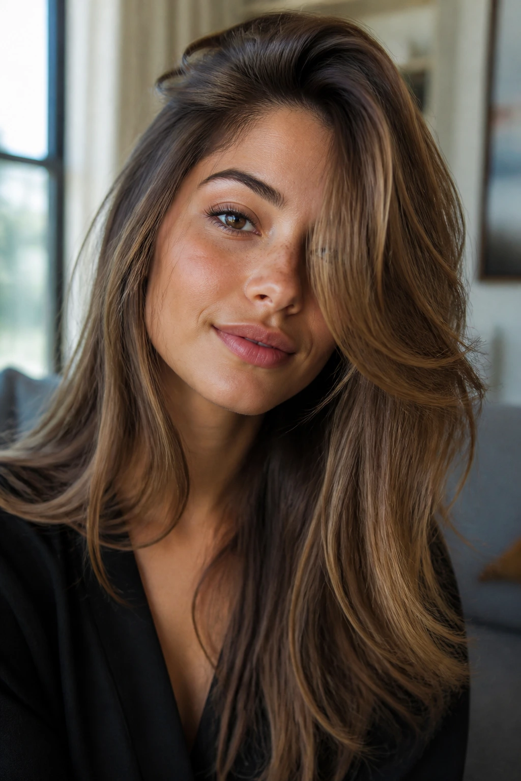 Portrait of a real woman with a deep side part and long sweep layers