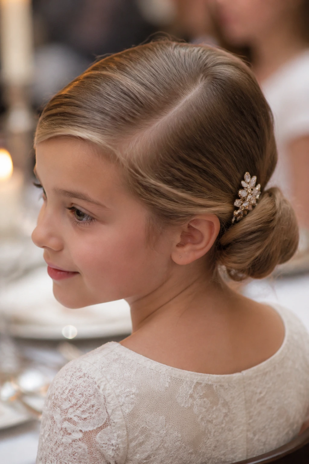 Portrait of a girl with deep side-part and low bun hairstyle