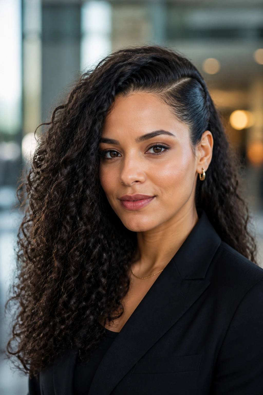 Portrait of a professional with a deep side part and one-side tuck hairstyle in a workplace