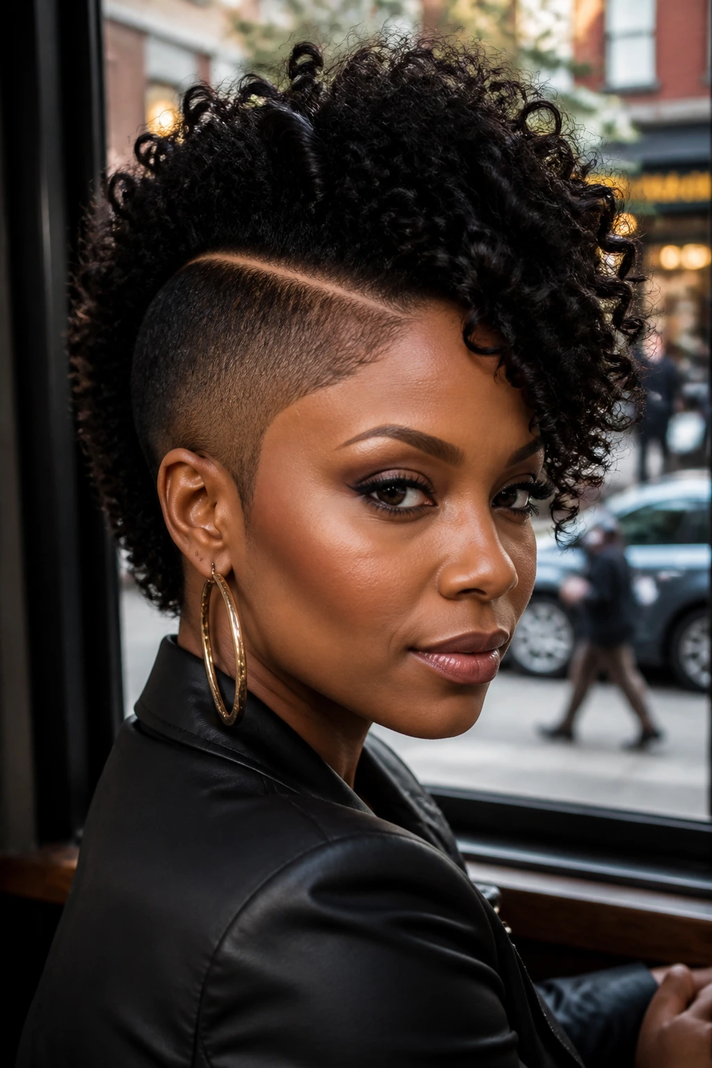 Close-up of Deep Side-Part Mohawk on a real Black woman with dramatic asymmetry