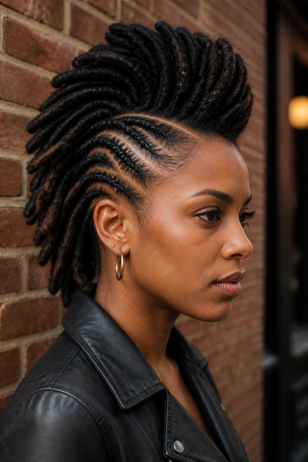Close-up of deep side-part mohawk with flat twists on real person