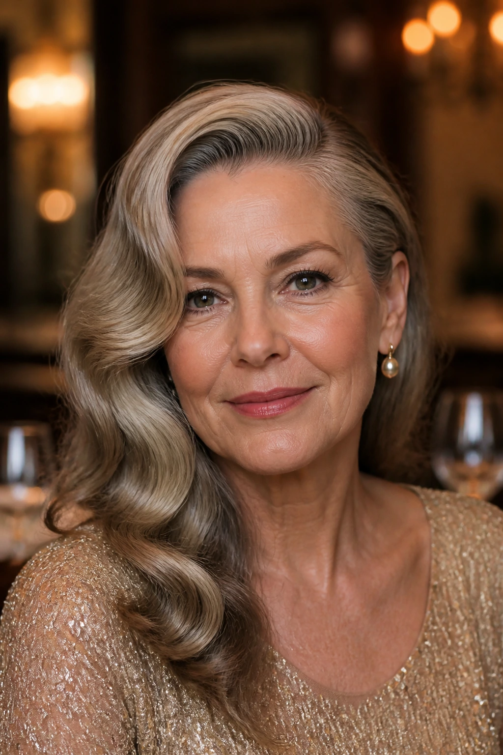Portrait of a woman with deep side part and old-Hollywood waves.
