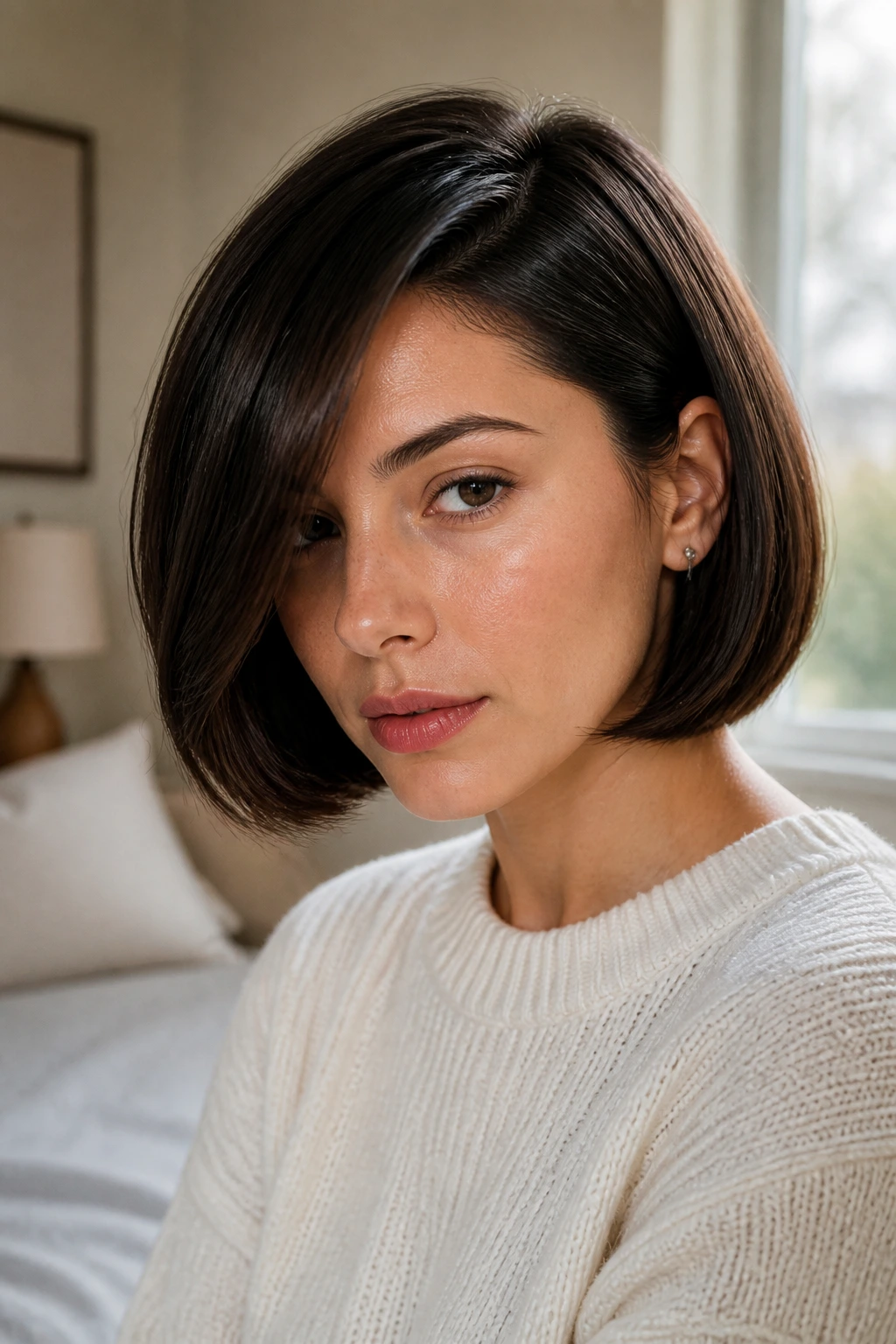 Close-up portrait of a real woman with a deep side-part pageboy hairstyle in natural window light