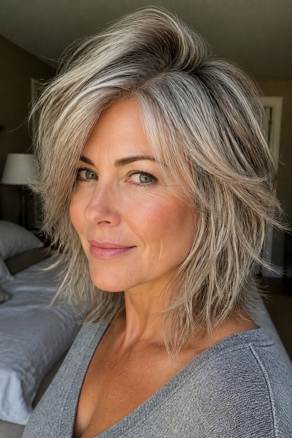 Close-up of a real woman with a deep side-part piecey shag