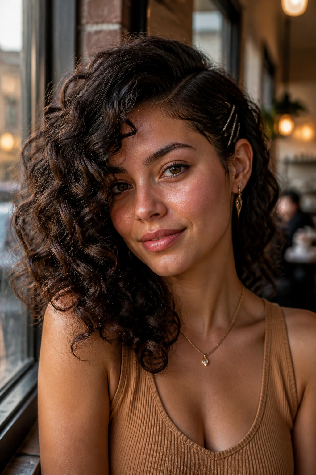 Close-up of a real woman with a deep side part and pin-swept volume