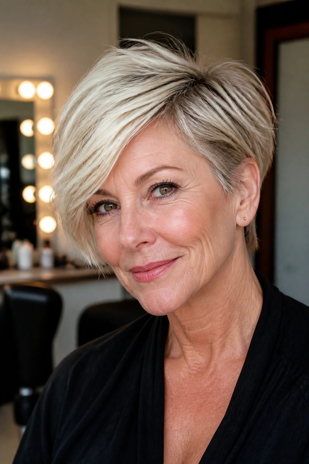 Close-up of a woman with a deep side-part feathered pixie haircut in soft window light