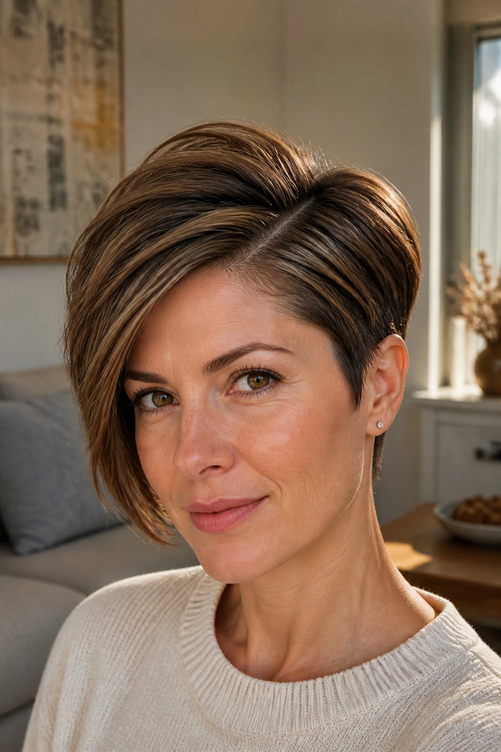Close-up of a real woman's head showing a deep side-part pixie