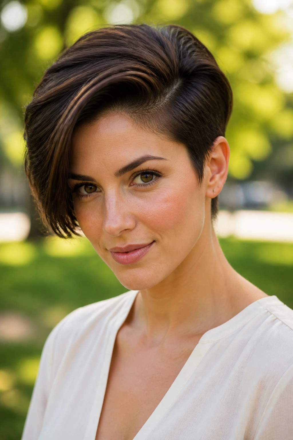Head-and-shoulders portrait of a real woman with a Deep Side Part Pixie
