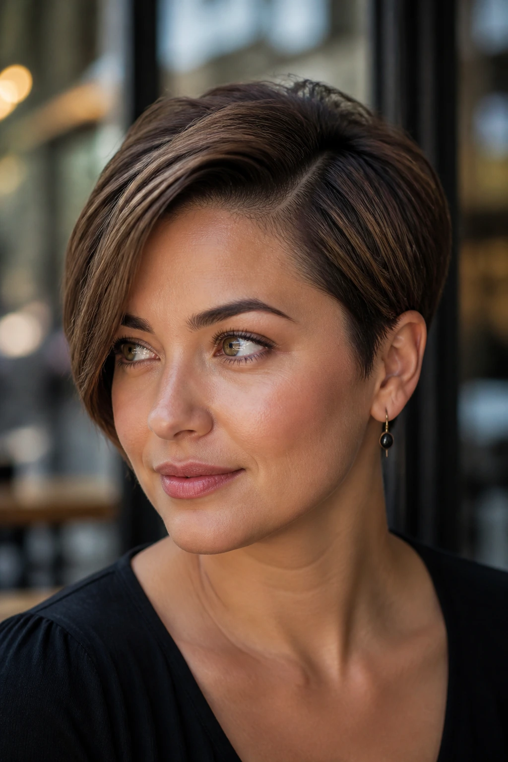 Close-up portrait of a real woman with a deep side-part pixie in warm light