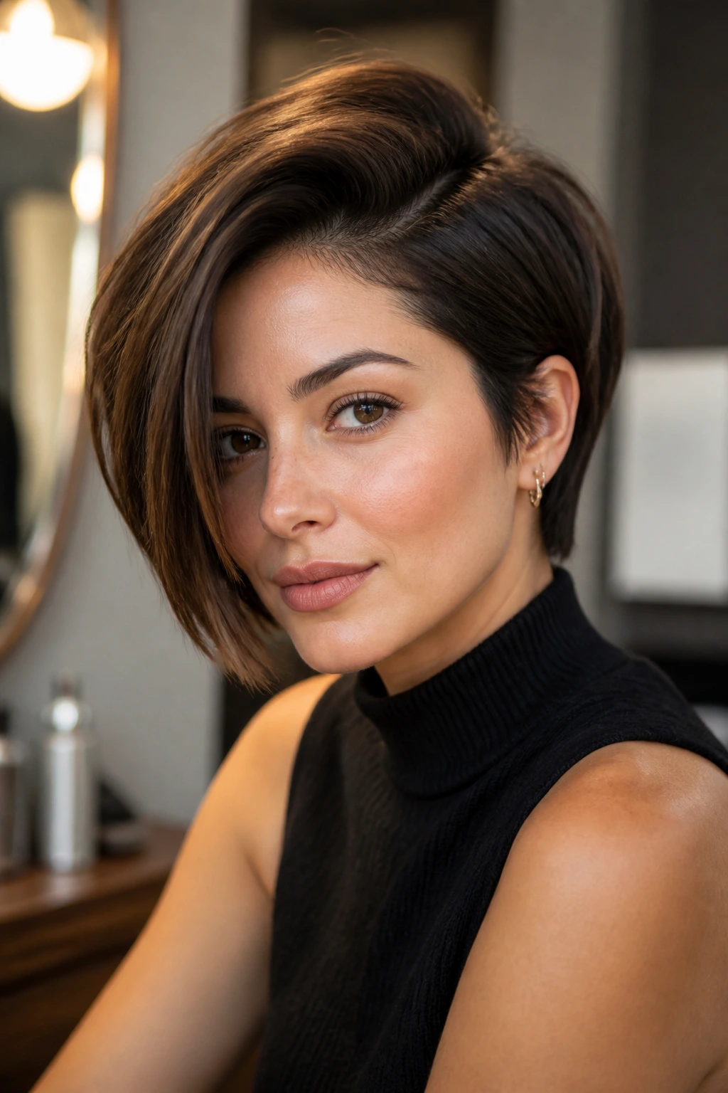 Portrait of a woman with a deep side-part pixie bob in a salon-like setting.