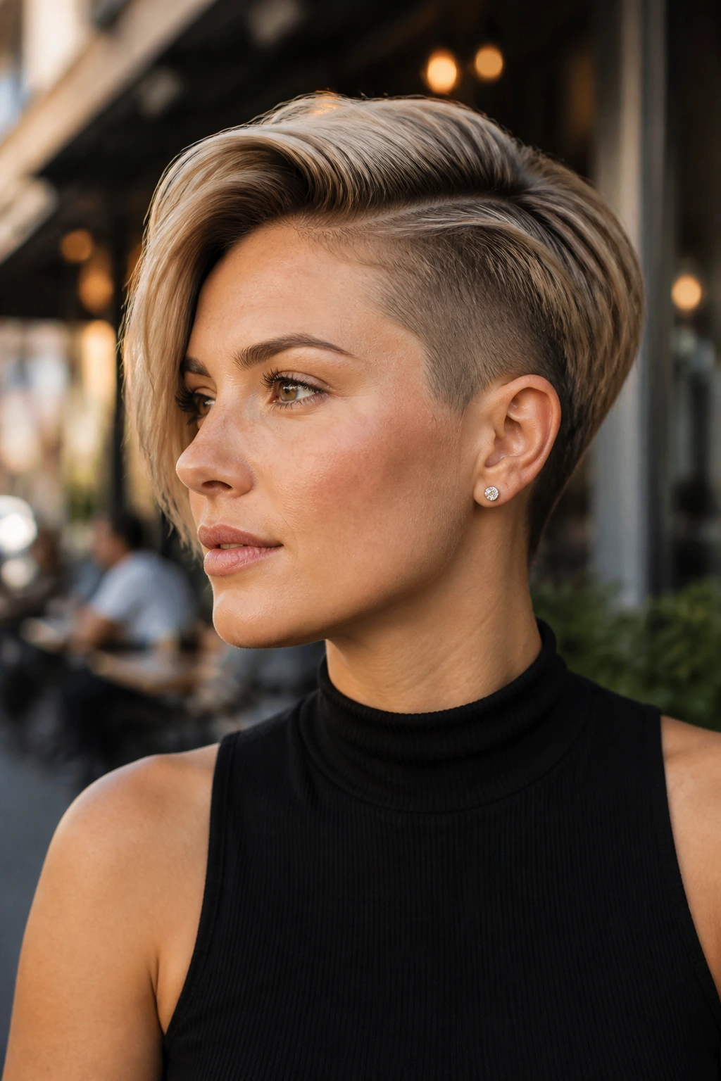 Close-up portrait of a real person with deep side-part undercut pixie