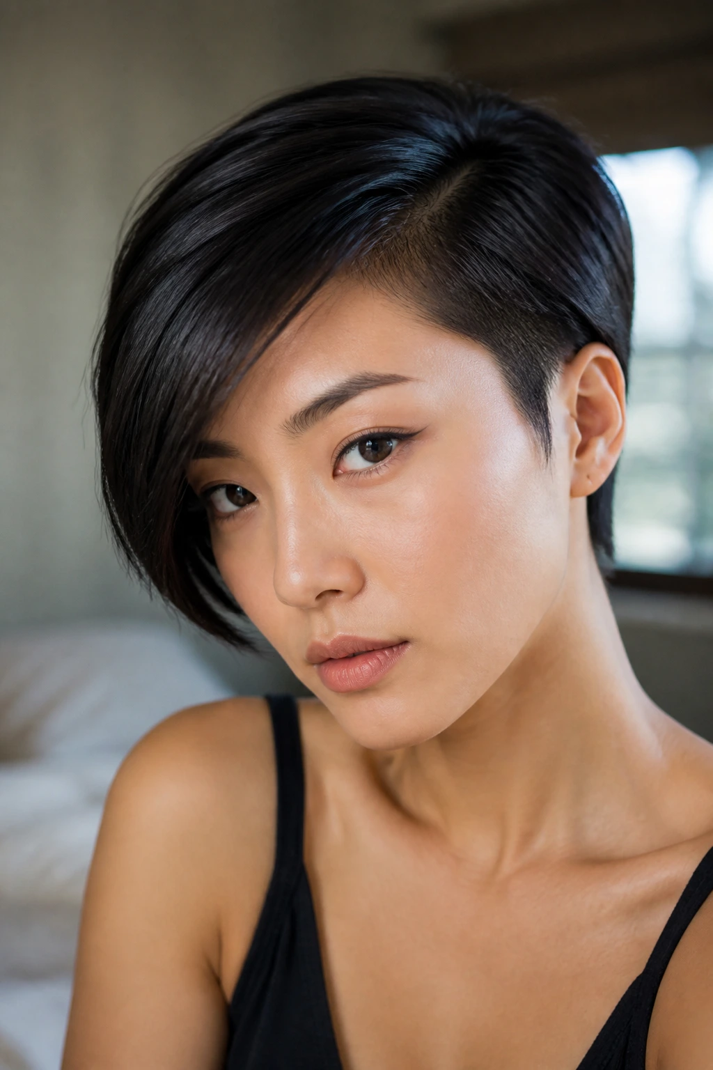 Portrait of Asian woman with deep side-part sleek pixie