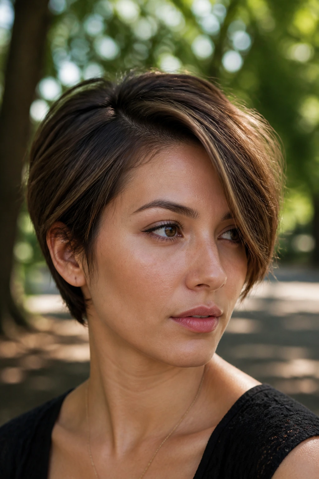 Close-up portrait of a woman with deep side-part pixie bob in natural daylight