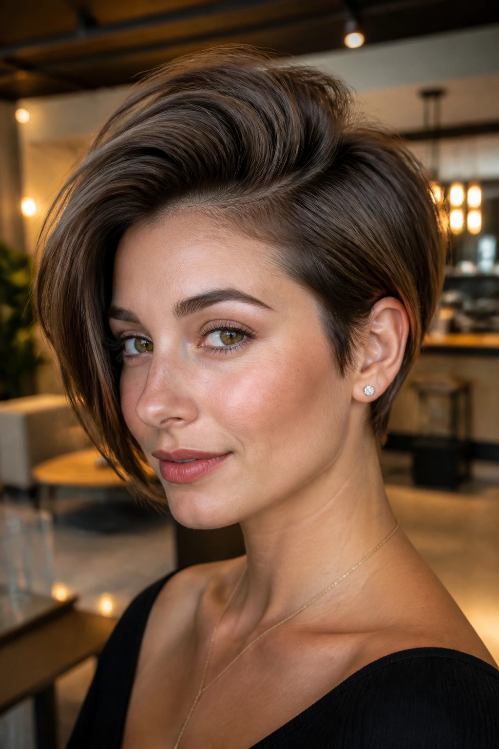 Close-up of deep side-part pixie bob on a real person with dramatic side sweep
