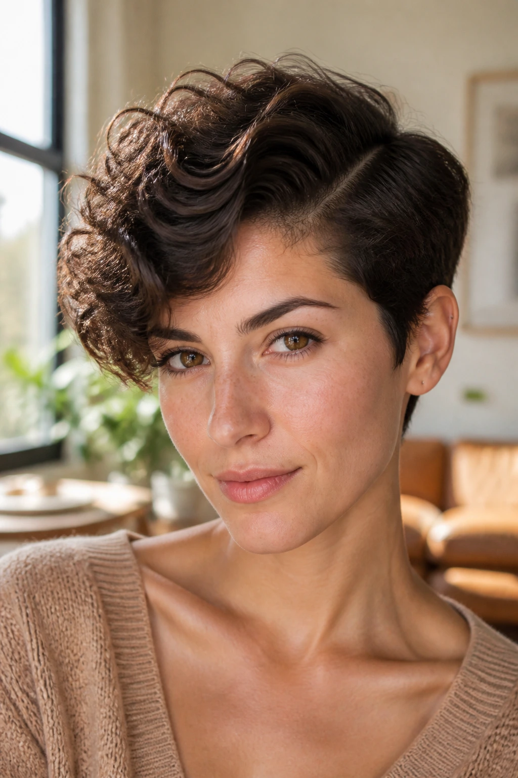 Front portrait of a real person with a deep side-part curly pixie and asymmetry