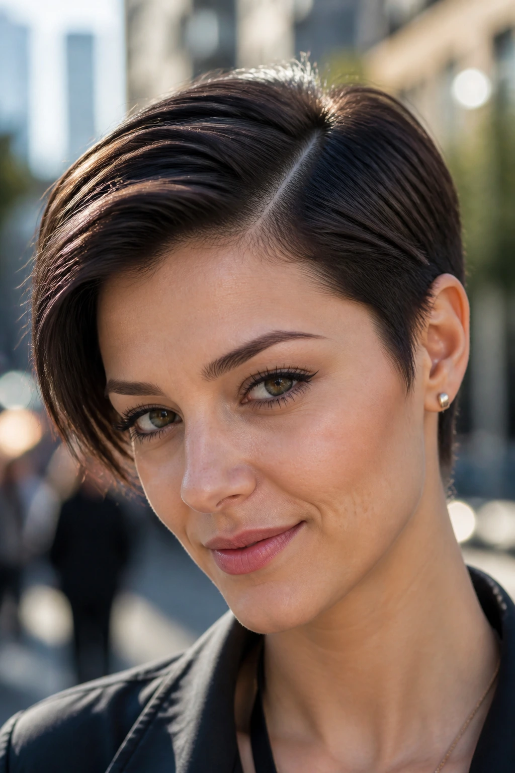 Close-up of a real person with a deep side part pixie in urban light